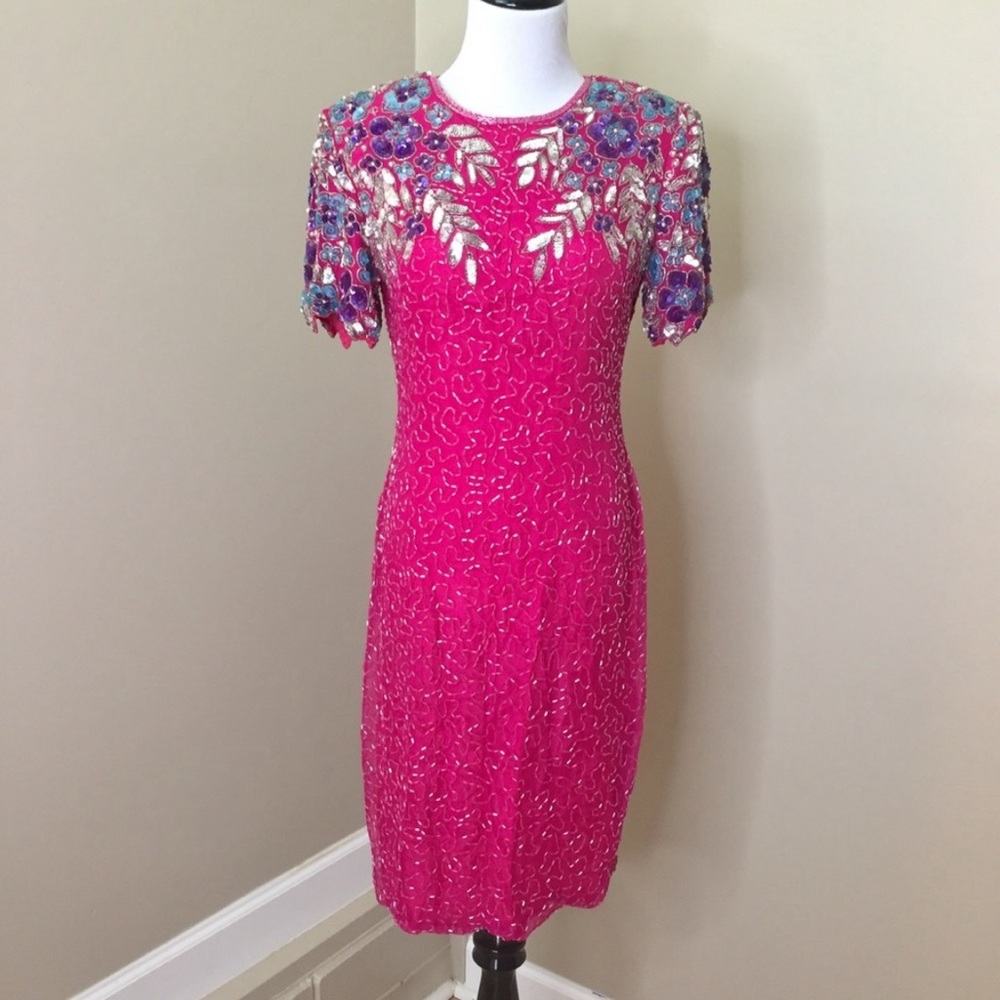 Vintage 80's Pink Sequins Beaded Sheath Dress